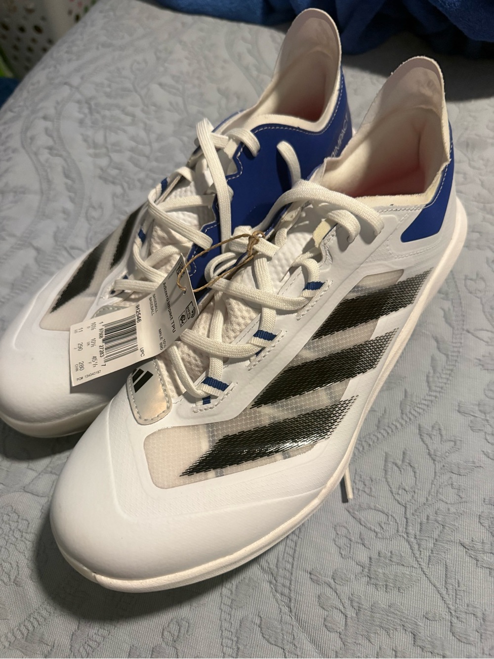 Adidas White & Blue baseball cleats with Black Stripes